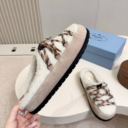 PRADA 26S LACE UP MULE SLIPPERS IN WHITE AND LIGHT BROWN SUEDE SHEARLING LINED