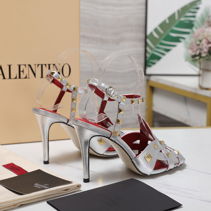VALENTINO GARAVANI 100MM ROCKSTUD EMBELLISHED SANDALS IN SLIVER METALLIC CALFSKIN