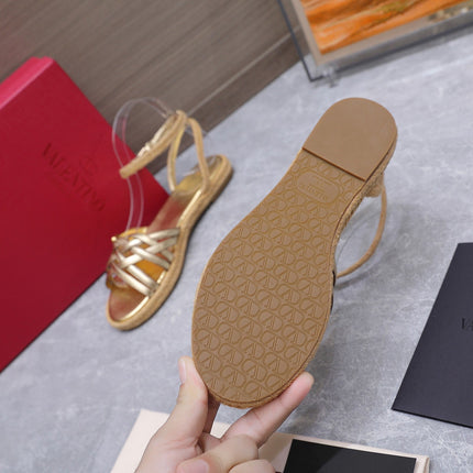 VALENTINO 26S FLAT ESPADRILLE SANDALS IN GOLD CALFSKIN WITH BRAIDED STRAPS