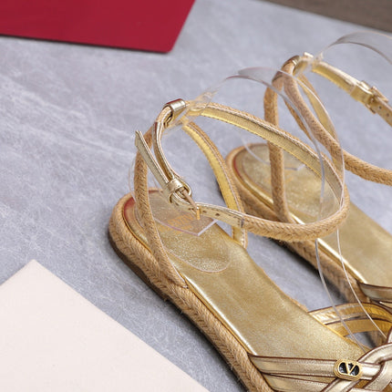 VALENTINO 26S FLAT ESPADRILLE SANDALS IN GOLD CALFSKIN WITH BRAIDED STRAPS