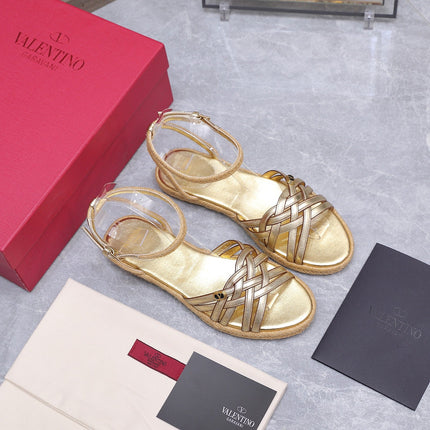 VALENTINO 26S FLAT ESPADRILLE SANDALS IN GOLD CALFSKIN WITH BRAIDED STRAPS