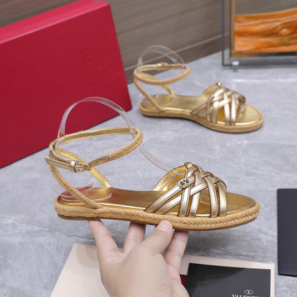 VALENTINO 26S FLAT ESPADRILLE SANDALS IN GOLD CALFSKIN WITH BRAIDED STRAPS