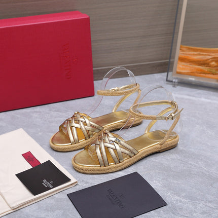 VALENTINO 26S FLAT ESPADRILLE SANDALS IN GOLD CALFSKIN WITH BRAIDED STRAPS
