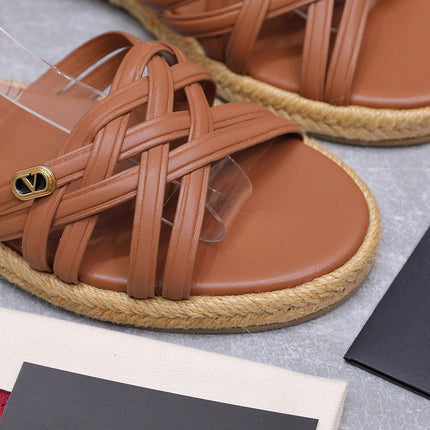 VALENTINO 26S FLAT ESPADRILLE SANDALS IN TAN BROWN CALFSKIN WITH BRAIDED STRAPS