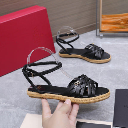 VALENTINO 26S FLAT ESPADRILLE SANDALS IN BLACK CALFSKIN WITH BRAIDED STRAPS