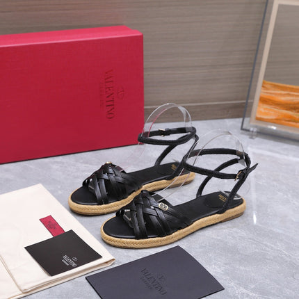 VALENTINO 26S FLAT ESPADRILLE SANDALS IN BLACK CALFSKIN WITH BRAIDED STRAPS