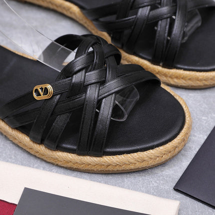 VALENTINO 26S FLAT ESPADRILLE SANDALS IN BLACK CALFSKIN WITH BRAIDED STRAPS