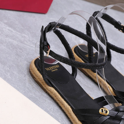 VALENTINO 26S FLAT ESPADRILLE SANDALS IN BLACK CALFSKIN WITH BRAIDED STRAPS