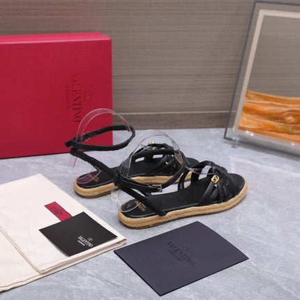 VALENTINO 26S FLAT ESPADRILLE SANDALS IN BLACK CALFSKIN WITH BRAIDED STRAPS