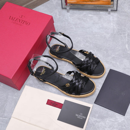 VALENTINO 26S FLAT ESPADRILLE SANDALS IN BLACK CALFSKIN WITH BRAIDED STRAPS