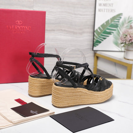 VALENTINO 26S WEDGE SANDALS 60MM IN BLACK CALFSKIN WITH BRAIDED STRAPS