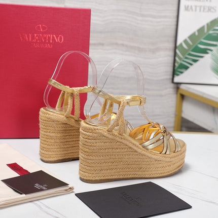 VALENTINO 26S WEDGE SANDALS 110MM IN GOLD CALFSKIN WITH BRAIDED STRAPS