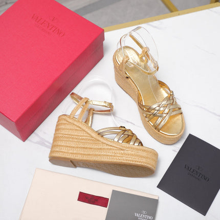 VALENTINO 26S WEDGE SANDALS 110MM IN GOLD CALFSKIN WITH BRAIDED STRAPS