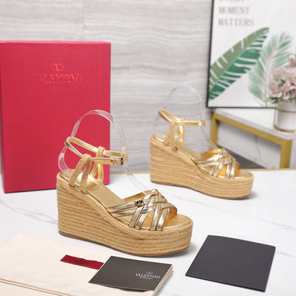 VALENTINO 26S WEDGE SANDALS 110MM IN GOLD CALFSKIN WITH BRAIDED STRAPS