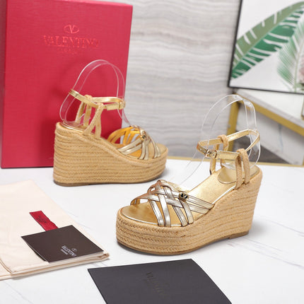 VALENTINO 26S WEDGE SANDALS 110MM IN GOLD CALFSKIN WITH BRAIDED STRAPS