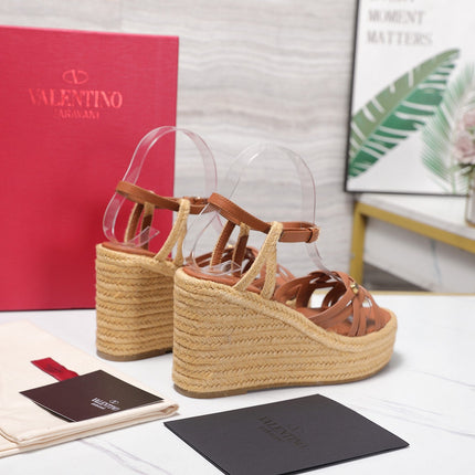 VALENTINO 26S WEDGE SANDALS 110MM IN TAN BROWN CALFSKIN WITH BRAIDED STRAPS