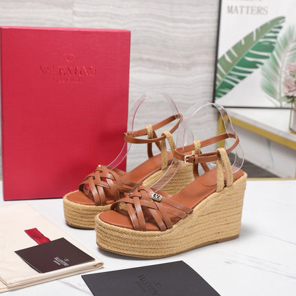 VALENTINO 26S WEDGE SANDALS 110MM IN TAN BROWN CALFSKIN WITH BRAIDED STRAPS