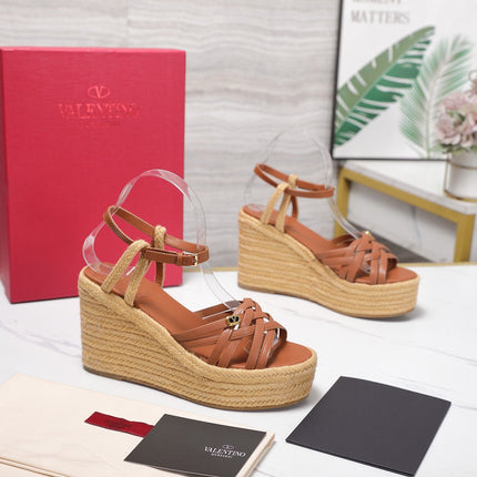 VALENTINO 26S WEDGE SANDALS 110MM IN TAN BROWN CALFSKIN WITH BRAIDED STRAPS