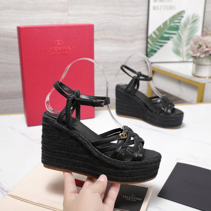 VALENTINO 26S WEDGE SANDALS 110MM IN BLACK CALFSKIN WITH BRAIDED STRAPS