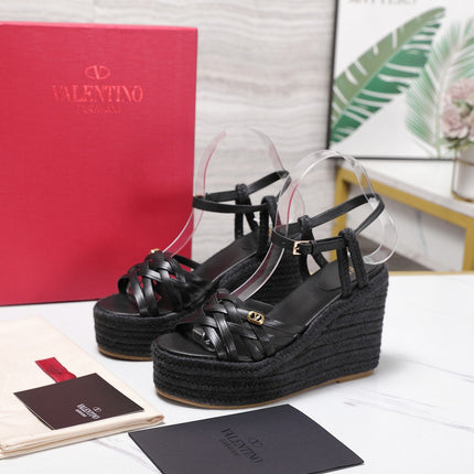VALENTINO 26S WEDGE SANDALS 110MM IN BLACK CALFSKIN WITH BRAIDED STRAPS
