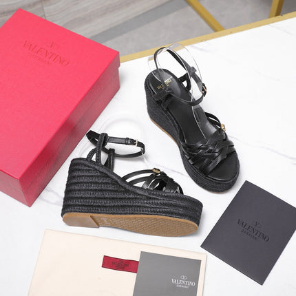 VALENTINO 26S WEDGE SANDALS 110MM IN BLACK CALFSKIN WITH BRAIDED STRAPS