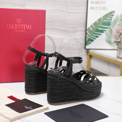 VALENTINO 26S WEDGE SANDALS 110MM IN BLACK CALFSKIN WITH BRAIDED STRAPS