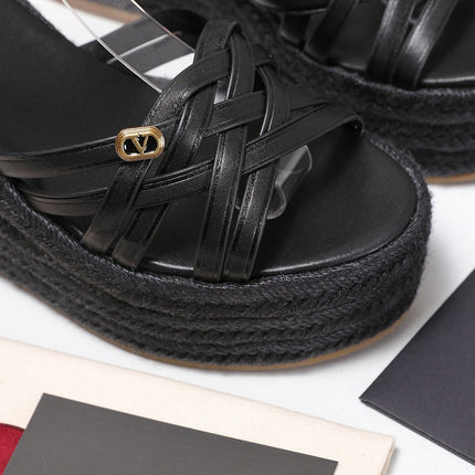 VALENTINO 26S WEDGE SANDALS 110MM IN BLACK CALFSKIN WITH BRAIDED STRAPS