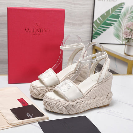 VALENTINO 26S WEDGE SANDALS 110MM IN WHITE CALFSKIN BRAIDED ROPE PLATFORM