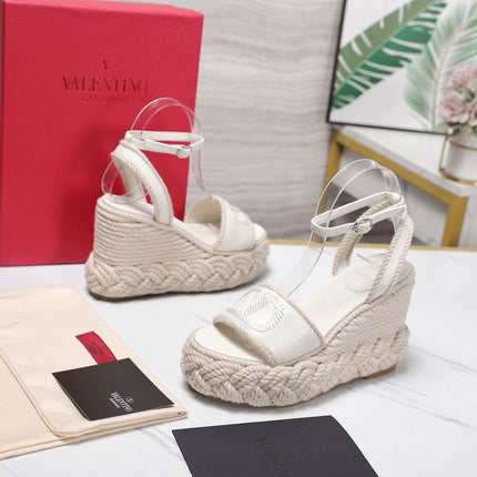 VALENTINO 26S WEDGE SANDALS 110MM IN WHITE CALFSKIN BRAIDED ROPE PLATFORM