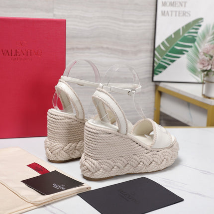VALENTINO 26S WEDGE SANDALS 110MM IN WHITE CALFSKIN BRAIDED ROPE PLATFORM