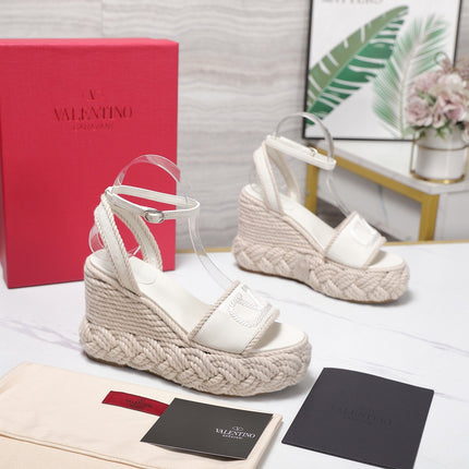 VALENTINO 26S WEDGE SANDALS 110MM IN WHITE CALFSKIN BRAIDED ROPE PLATFORM
