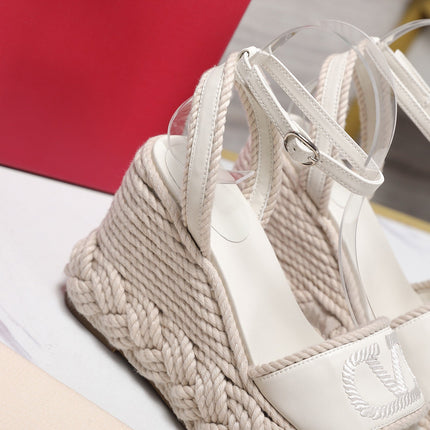 VALENTINO 26S WEDGE SANDALS 110MM IN WHITE CALFSKIN BRAIDED ROPE PLATFORM