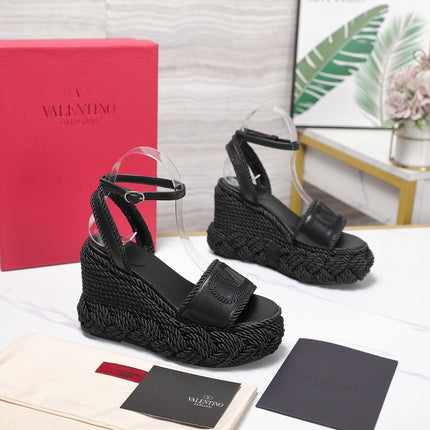 VALENTINO 26S WEDGE SANDALS 110MM IN BLACK CALFSKIN BRAIDED ROPE PLATFORM