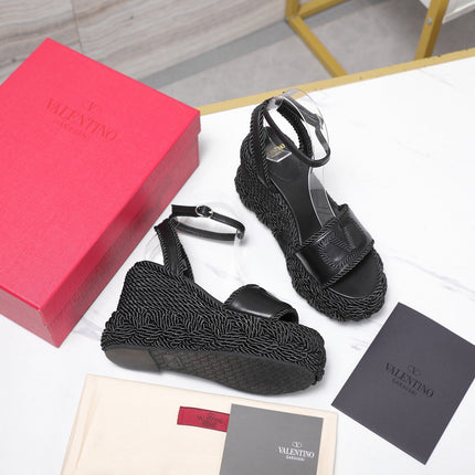 VALENTINO 26S WEDGE SANDALS 110MM IN BLACK CALFSKIN BRAIDED ROPE PLATFORM
