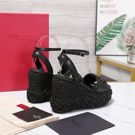 VALENTINO 26S WEDGE SANDALS 110MM IN BLACK CALFSKIN BRAIDED ROPE PLATFORM