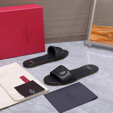 VALENTINO 26S FLAT SLIDE SANDALS IN BLACK CALFSKIN