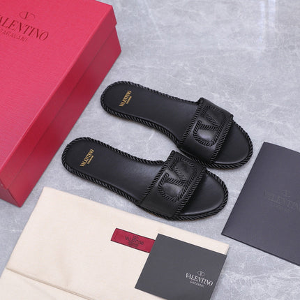 VALENTINO 26S FLAT SLIDE SANDALS IN BLACK CALFSKIN