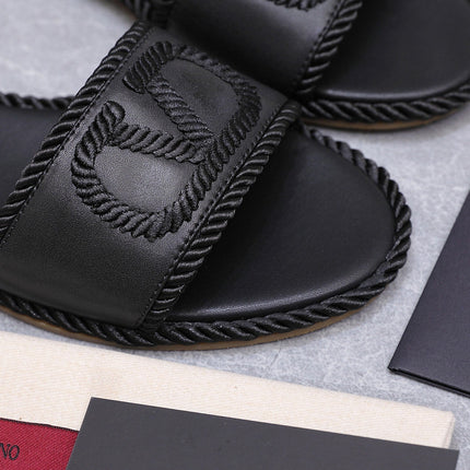 VALENTINO 26S FLAT SLIDE SANDALS IN BLACK CALFSKIN