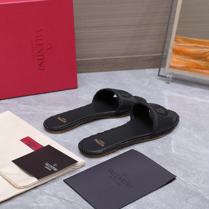 VALENTINO 26S FLAT SLIDE SANDALS IN BLACK CALFSKIN