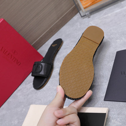 VALENTINO 26S FLAT SLIDE SANDALS IN BLACK CALFSKIN