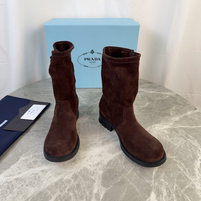 PRADA 26S ANKLE BIKER BOOTS IN DARK BROWN SUEDE