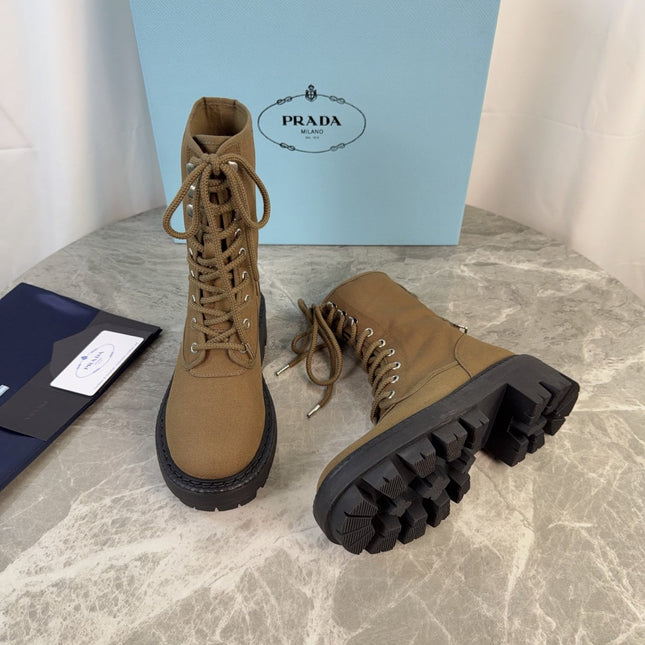 PRADA 26S LACE-UP COMBAT BOOTS IN BROWN CANVAS