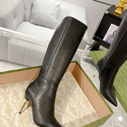 GG KNEE BOOTS IN BLACK CALFSKIN WITH GOLD PLATED HEEL