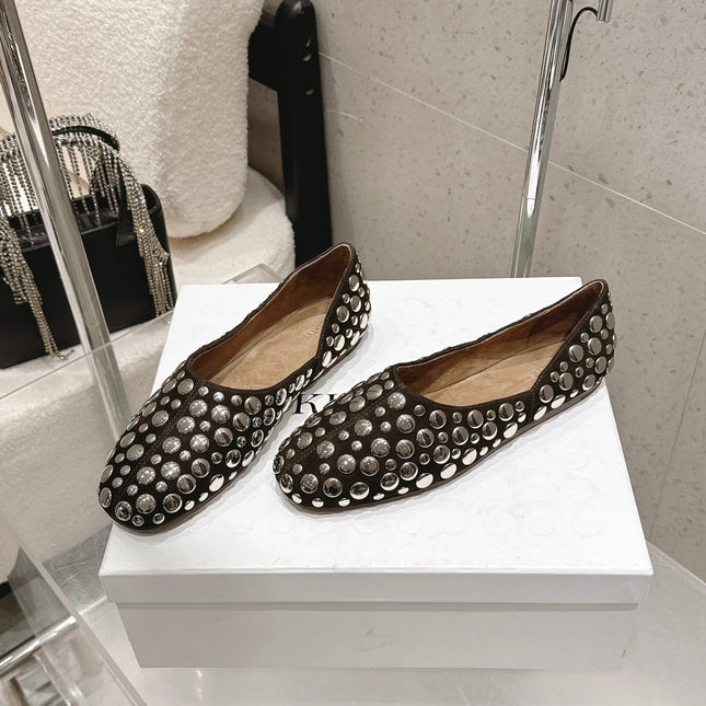 CELINE 26S FLAT SHOES IN DARK BROWN SUEDE WITH METAL STUDS