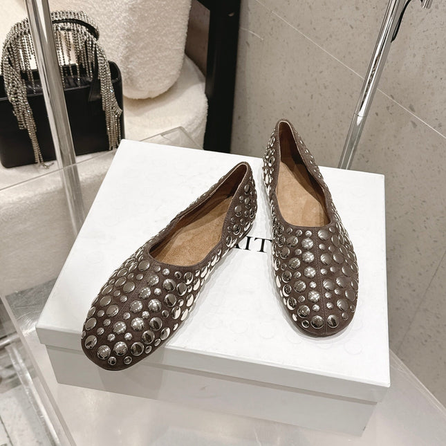 CELINE 26S FLAT SHOES IN TOFFEE BROWN SUEDE WITH METAL STUDS