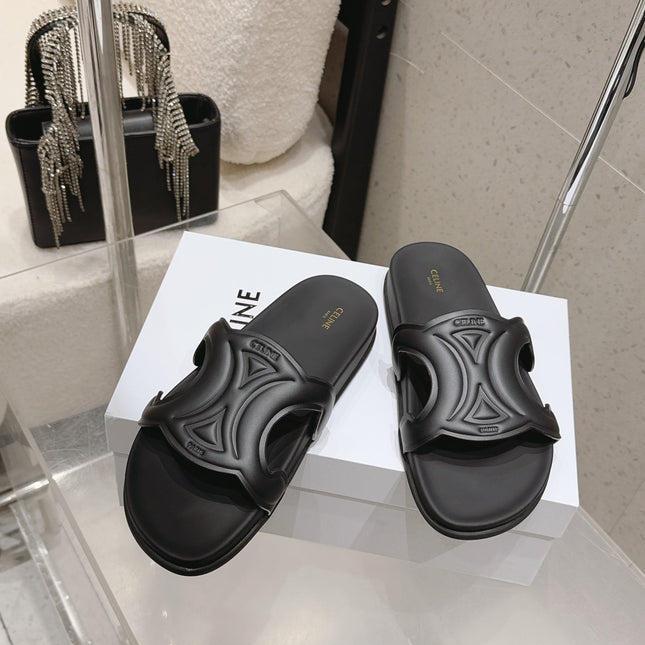 CELINE 26S TRIOMPHE SLIDES IN BLACK CALFSKIN