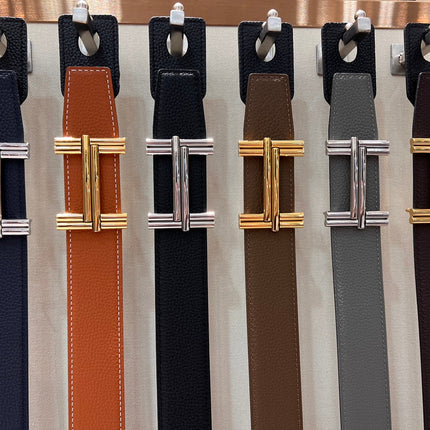 HM TRAVERSE BELT BUCKLE & REVERSIBLE COFFEE BROWN AND BLACK LEATHER STRAP 38 MM GOLD HARDWARE