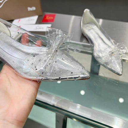 CHRISTIAN LOUBOUTIN 26S BOW EMBELLISHED FLATS IN SILVER LEATHER AND PVC