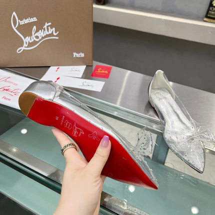 CHRISTIAN LOUBOUTIN 26S BOW EMBELLISHED FLATS IN SILVER LEATHER AND PVC