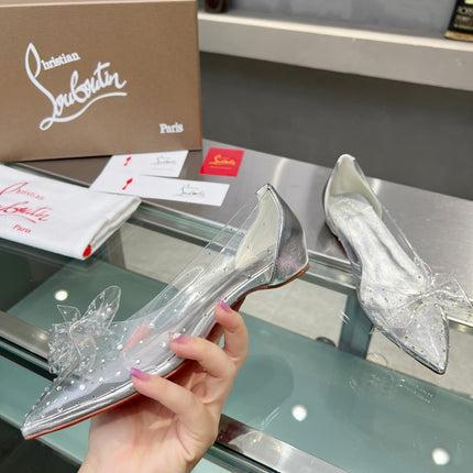 CHRISTIAN LOUBOUTIN 26S BOW EMBELLISHED FLATS IN SILVER LEATHER AND PVC